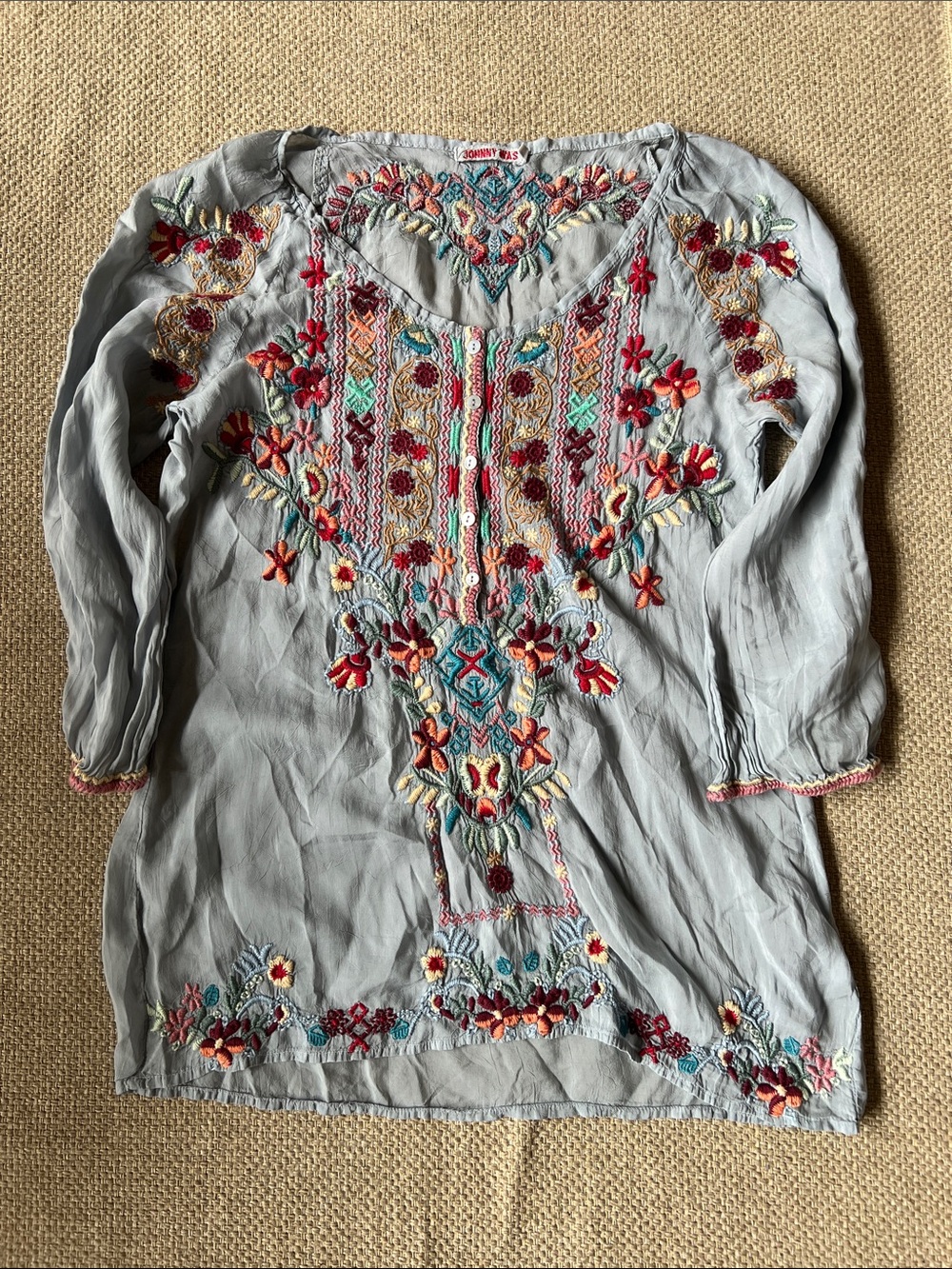 Johnny Was Light Gray Embroidered Boho Tunic with Multicolor Floral Accents